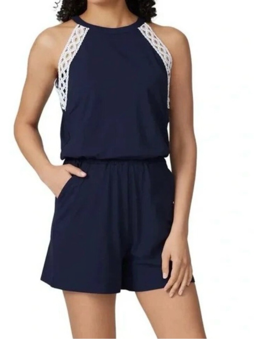 Lilly Pulitzer Navy Lala Romper with White Lace Trim